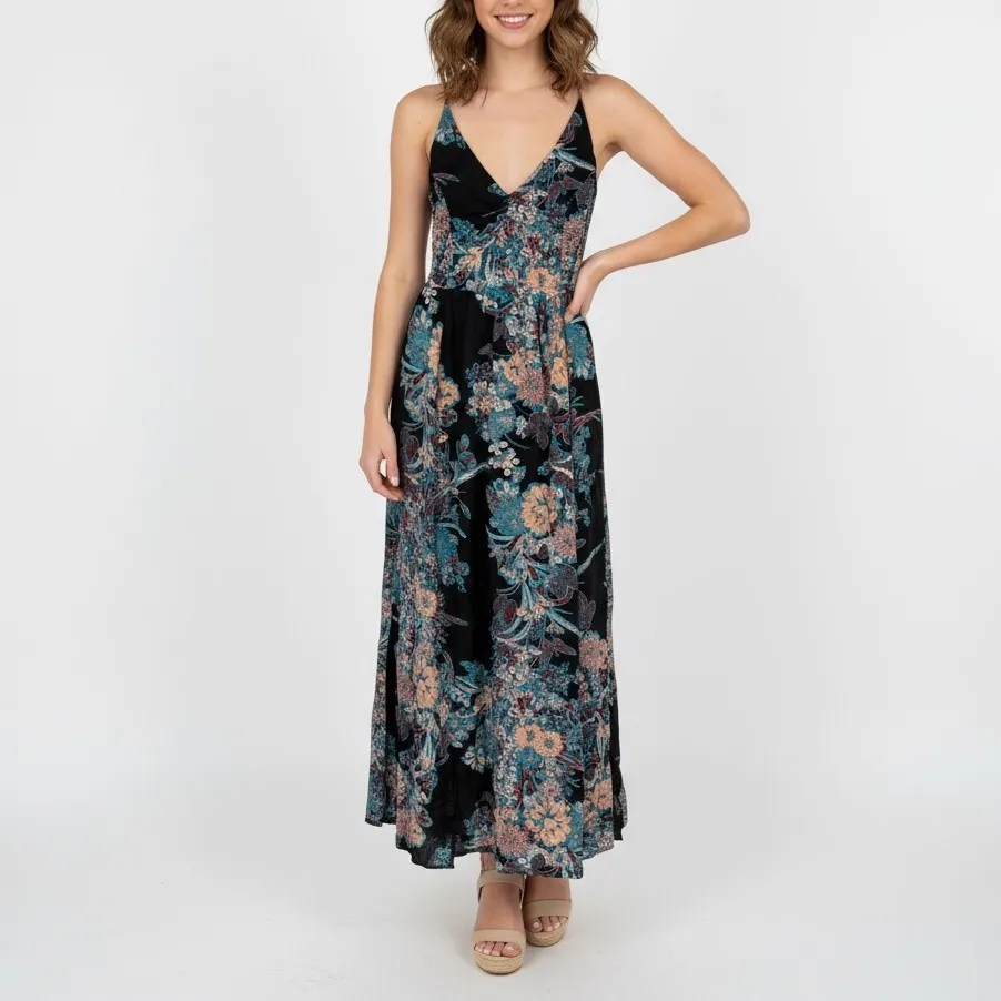 Free People Intimately Black Floral Maxi Dress Spaghetti Strap V Neck S - Image 9