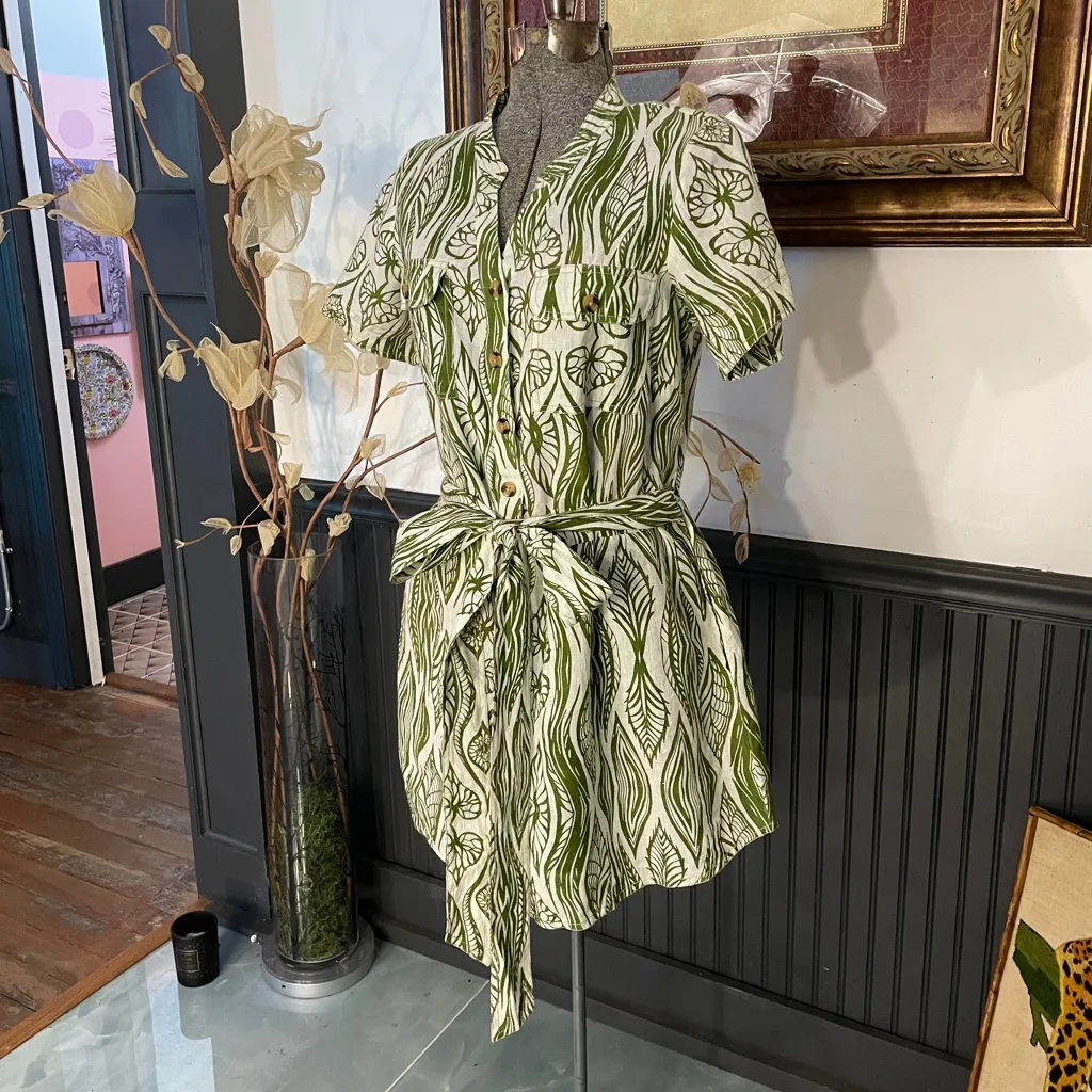 Olivia James The Label Austin Mini Dress In Lilypad Green 100% Linen - Image 3