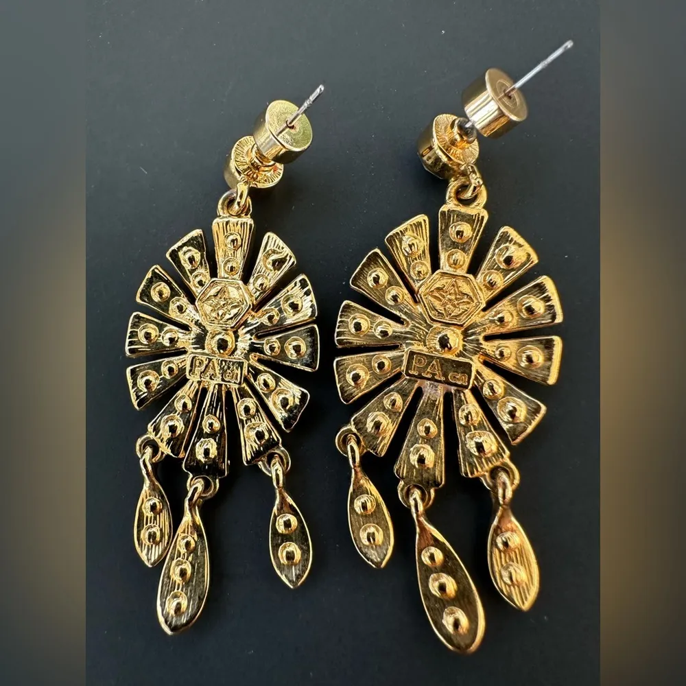 Vintage PA CN Couture Art Deco Gold Toned & Rhinestone Dangle Earrings - Image 8