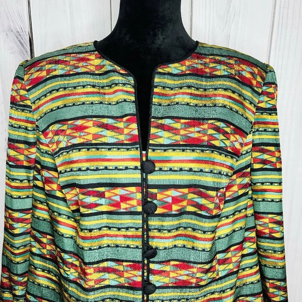 Adrianna Papell 100% Silk Jacket Sz 16 Geometric Multicolor Lined Vintage - Image 2