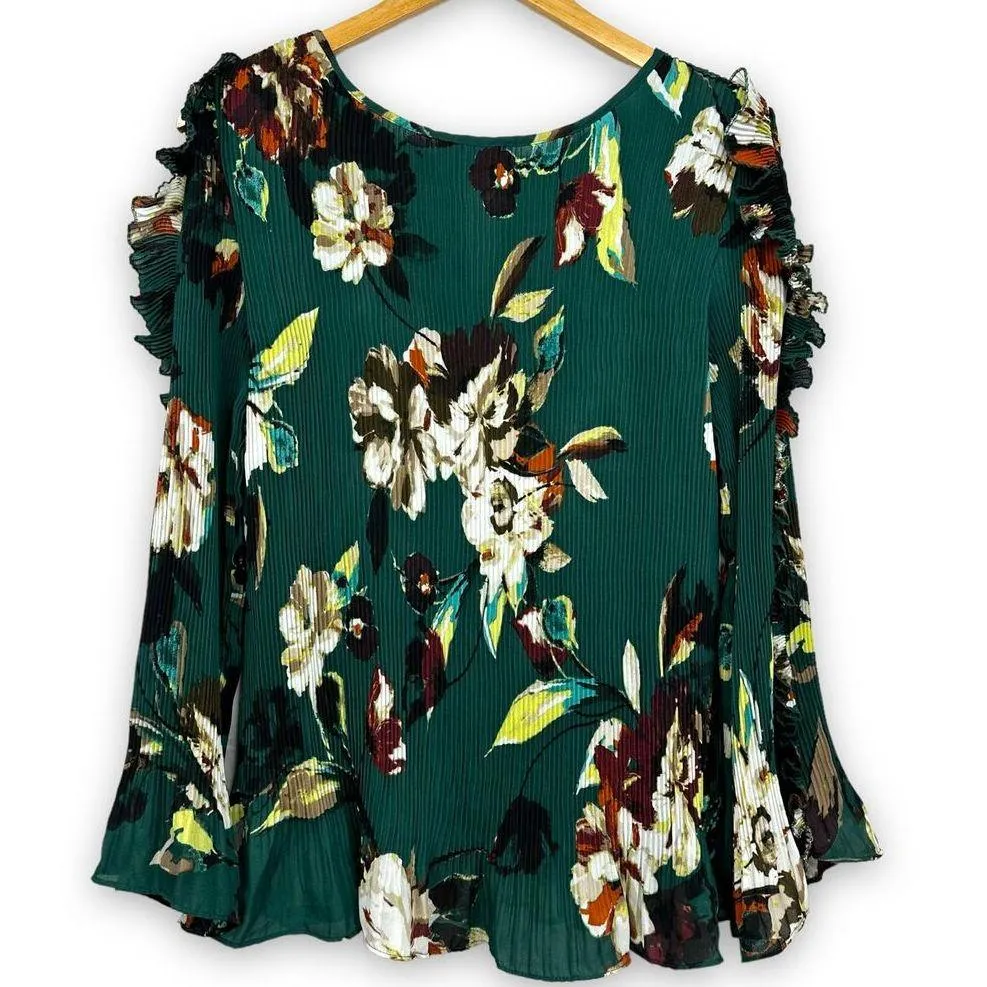 Melissa Paige Pleated Floral Blouse Top Cold Shoulder Ruffle Sleeve Green Small - Image 6