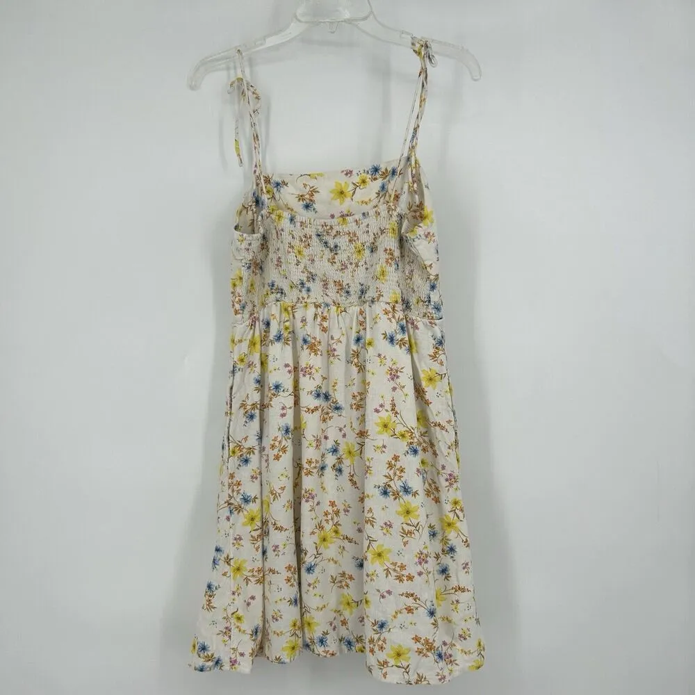 Old Navy Floral Smocked Cami Dress Linen Blend Cottagecore Cream Pockets Size M - Image 6