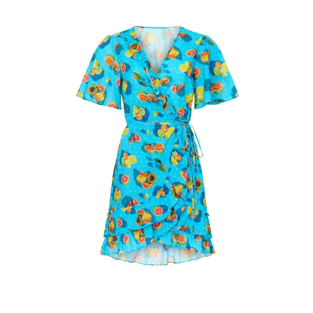 Rachel Antonoff Abby Blue Citrus Fruit Print Ruffle Wrap Mini Dress Size XS - Image 6