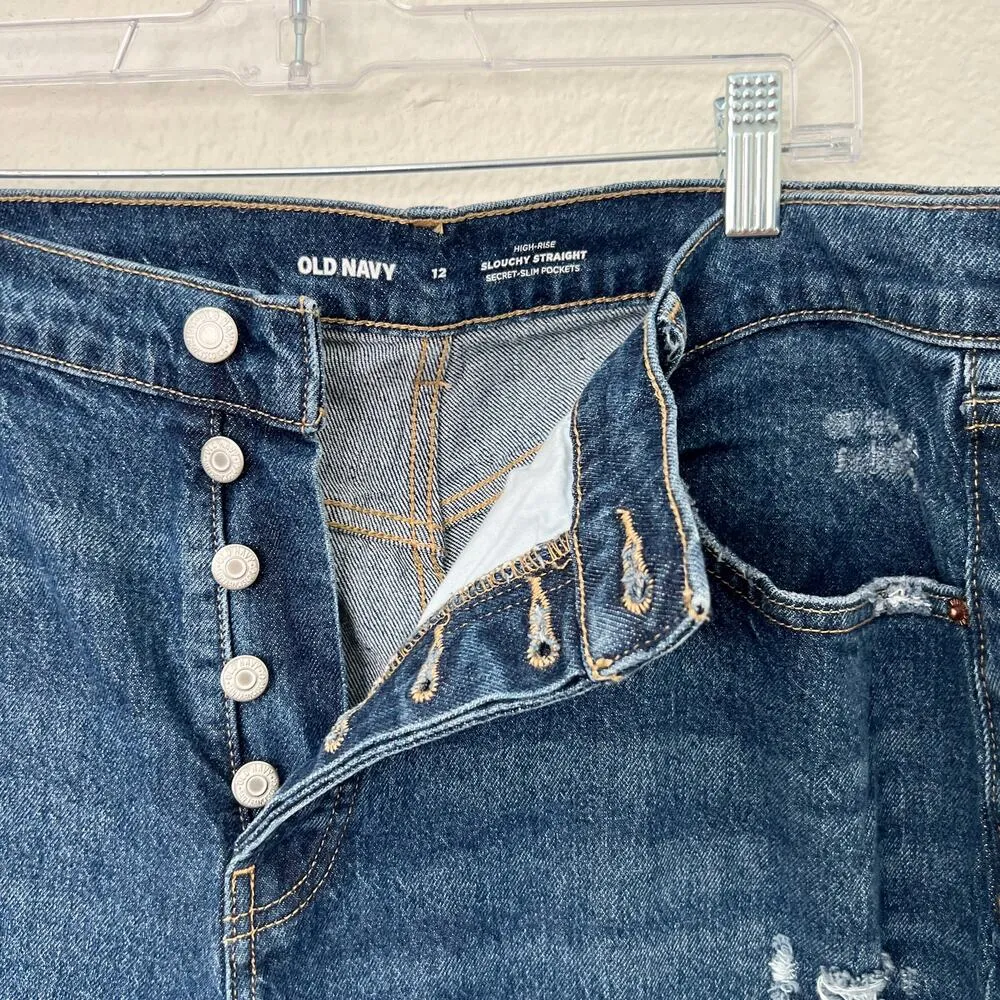 [Old Navy] High Rise Slouchy Straight Distressed Ripped Jeans Button Fly Size 12 - Image 4