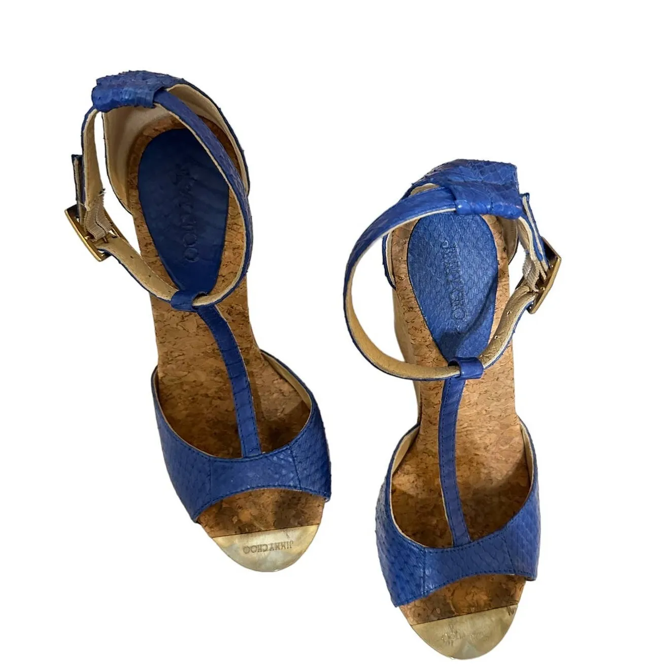 Jimmy Choo Women's Pela Blue Python Leather‎ Cork Wedge Sandals size 38 - Image 2