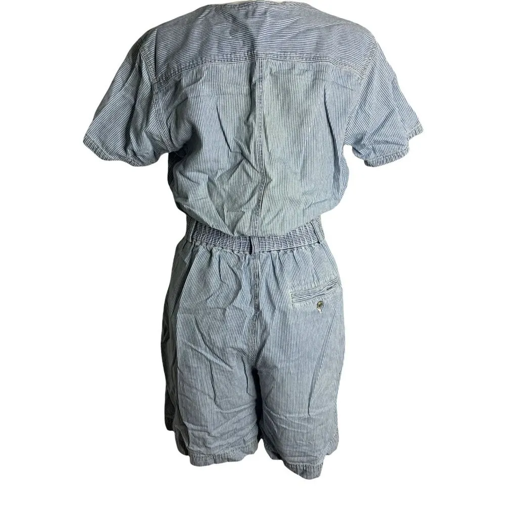 Vintage Gloria Vanderbilt Denim Romper M Blue Striped Buttons Pockets Elastic - Image 5
