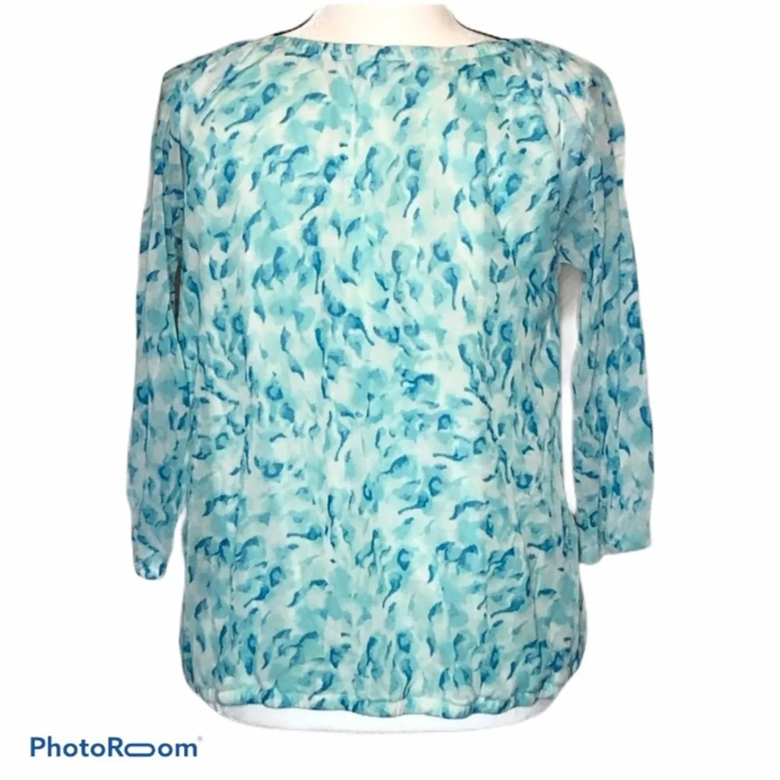 Larry Levine Blouse Seafoam Blue Green Keyhole Medium Elastic Hem Careerwear - Image 7