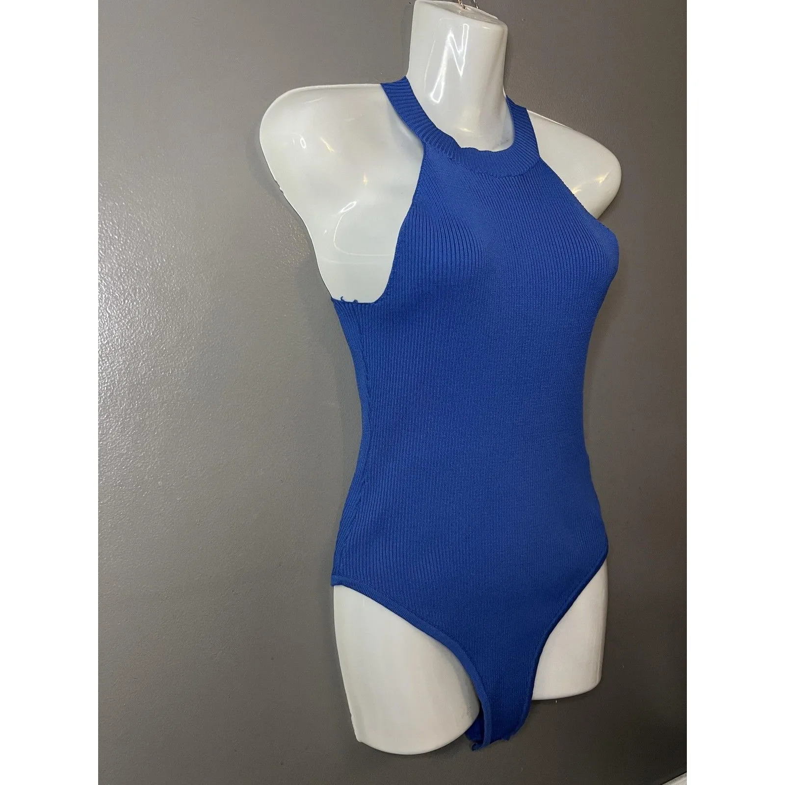 Happily Grey Bodysuit Womens Large Blue Ribbed Sleeveless High Neck Stretch - Image 2