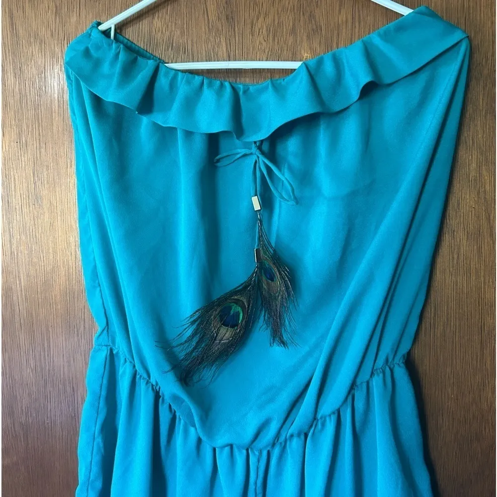 Garcia blue peacock feather bow strapless romper size L - Image 3