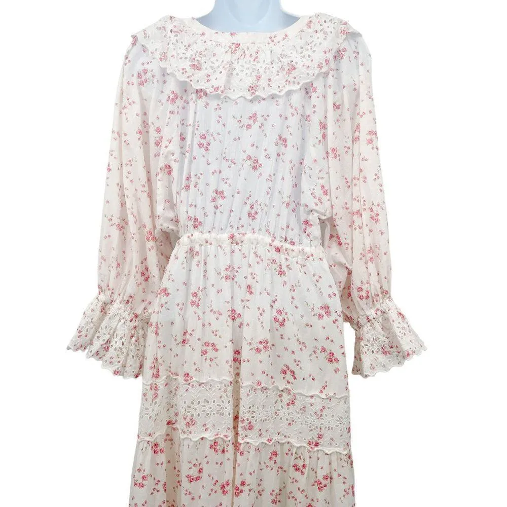 byTiMO Cotton Slub Midi Dress Floral Print Lace Button Down Cottagecore Small - Image 44