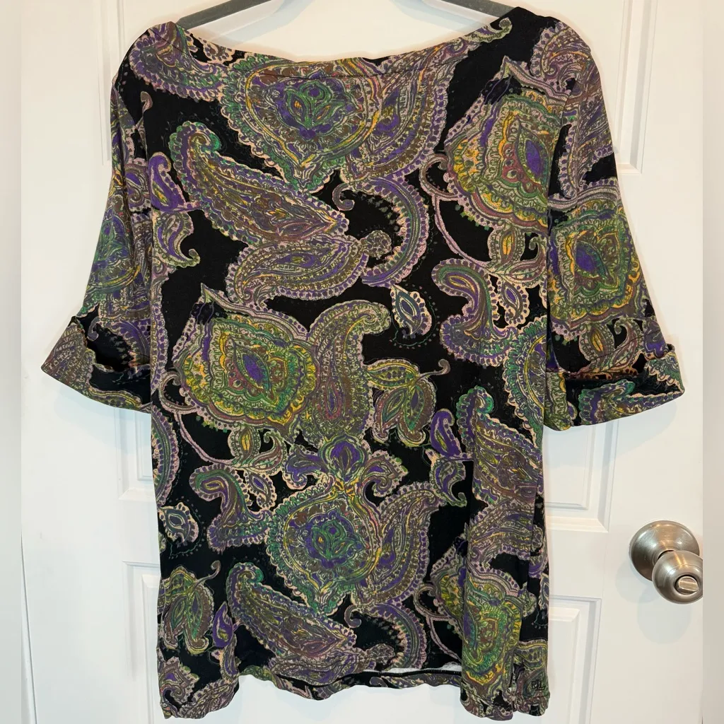 Ralph Lauren LRL Top Sz LARGE Black Purple Paisley Boat Neck Cotton Knit EUC - Image 3