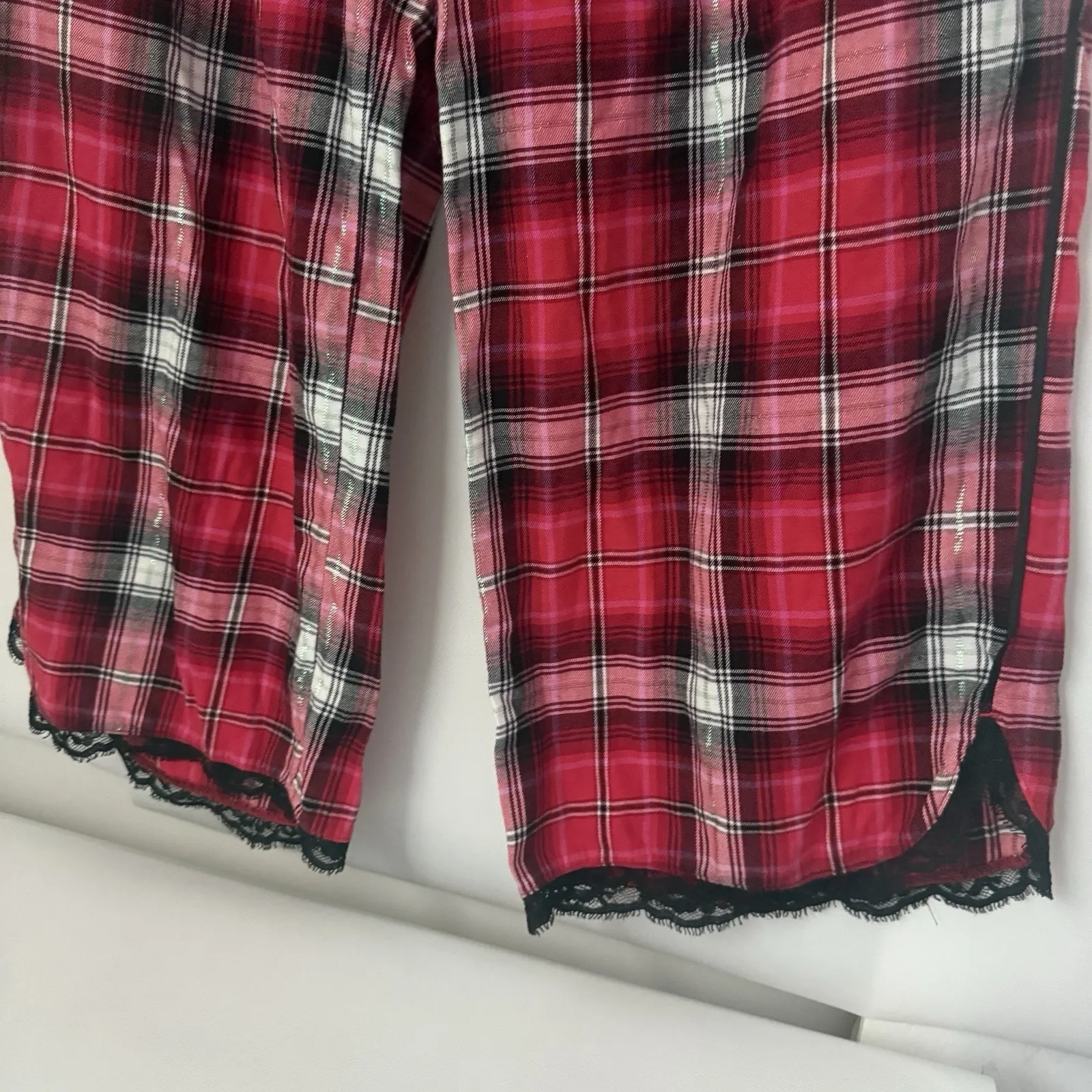 Victoria's Secret Plaid Pajama Red Lace Trim Piping Pockets Lounge Holiday Cabin - Image 5