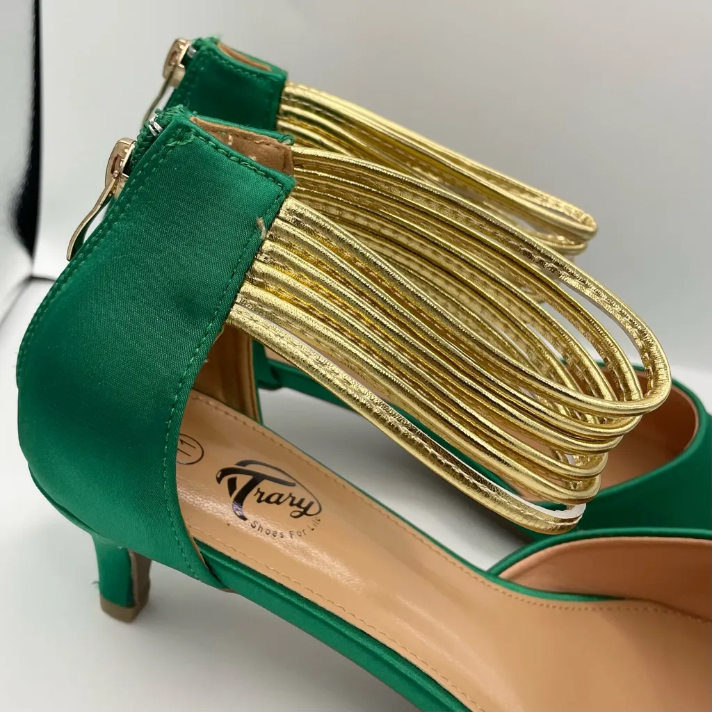 Trary satin green pointed toe pumps kitten heel ankle gold straps women Size 11 - Image 6