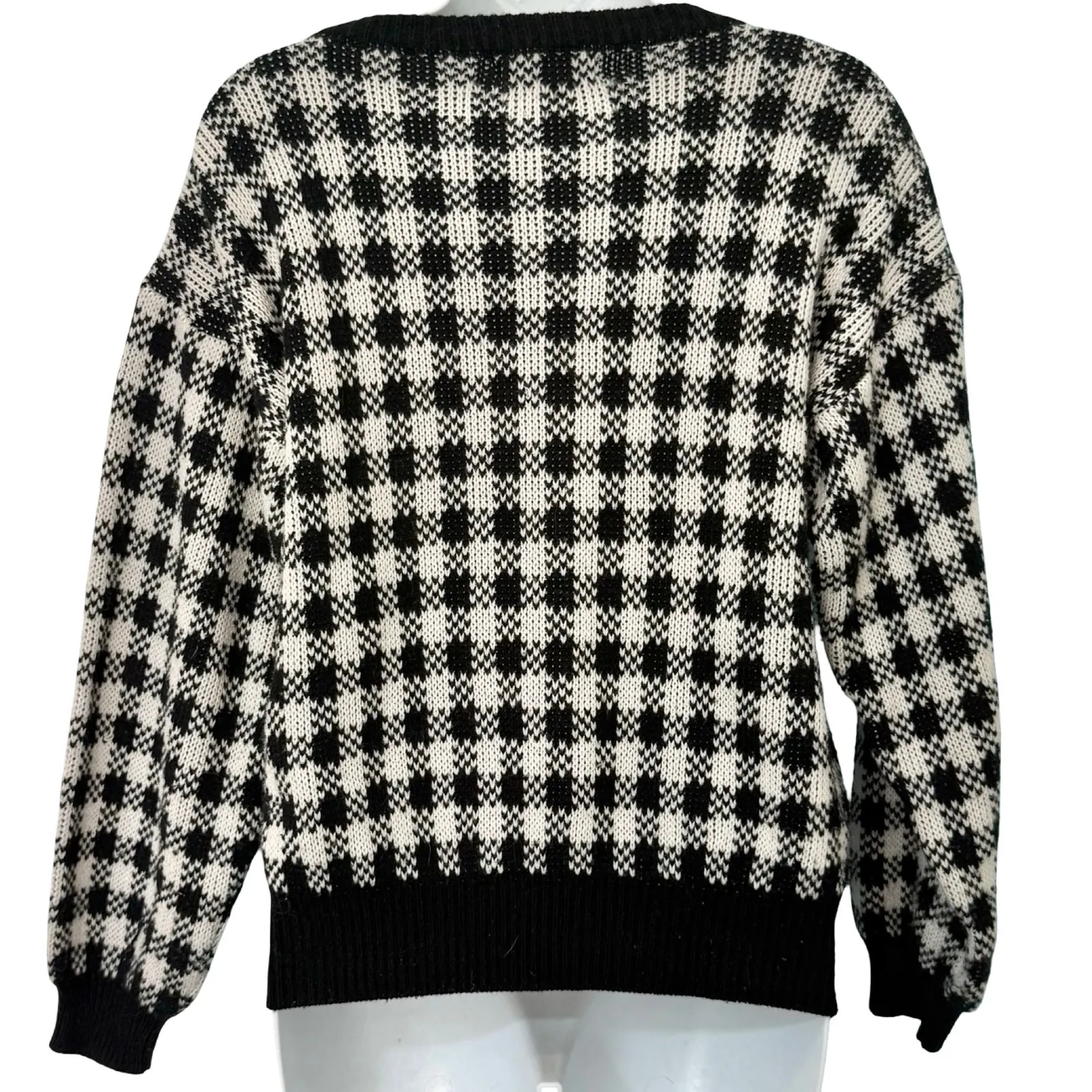 Vintage Black White Check Wide Stitch Rainbow Detail Crew Neck Sweater size S - Image 4