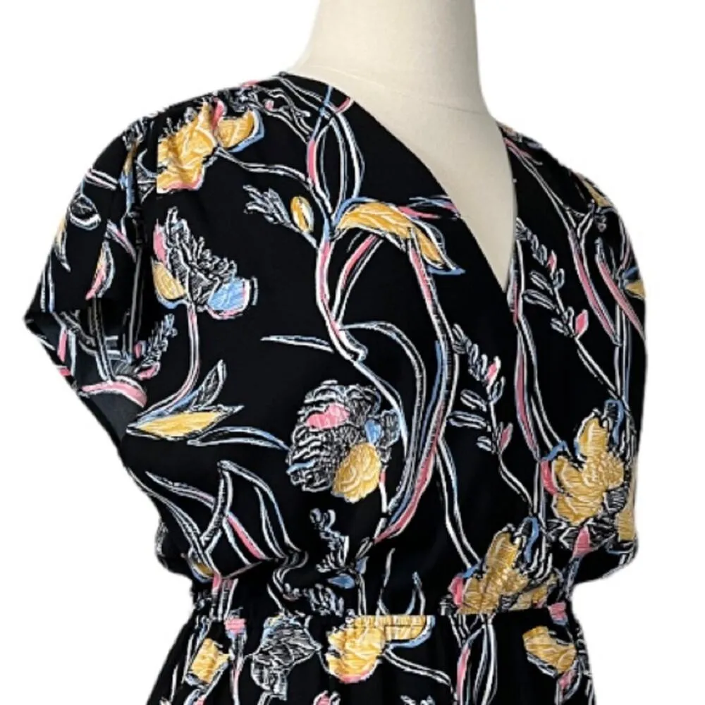 Halogen Women's Dress Elastic Waist V Neck Wrap Black Yellow Floral Size XL - Image 6