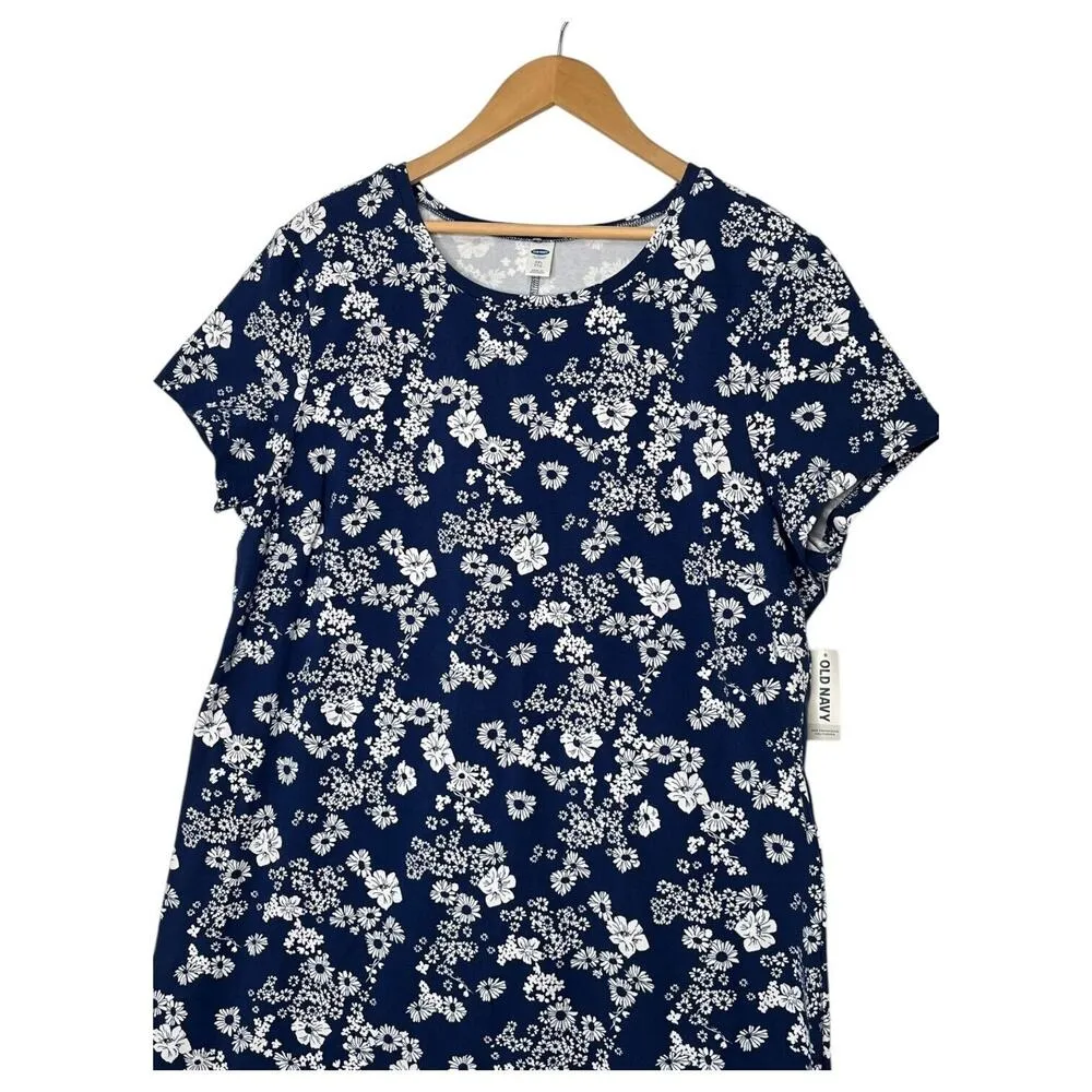New Old Navy Dress Womens 2XL Floral Round Neck Short Sleeve Stretch Cotton Blue - Image 3