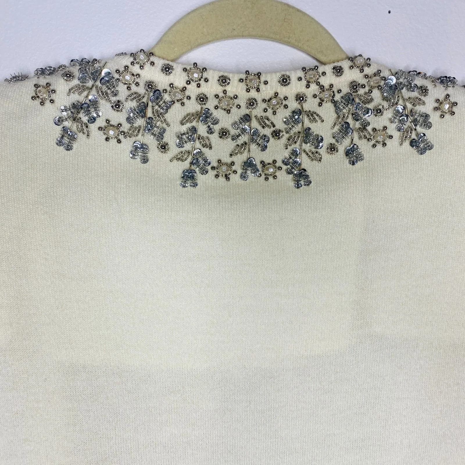Talbots Cream Lambswool Blend Silver Beaded Bejeweled Cardigan Sweater Sz SP - Image 12