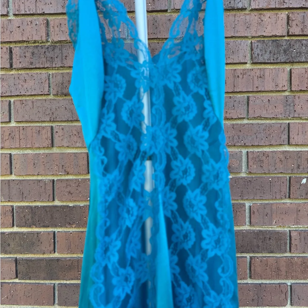 Vtg Val Mode Lingerie Slip Dress Nightgown Small Teal Blue Shiny Nylon Lace Long - Image 6