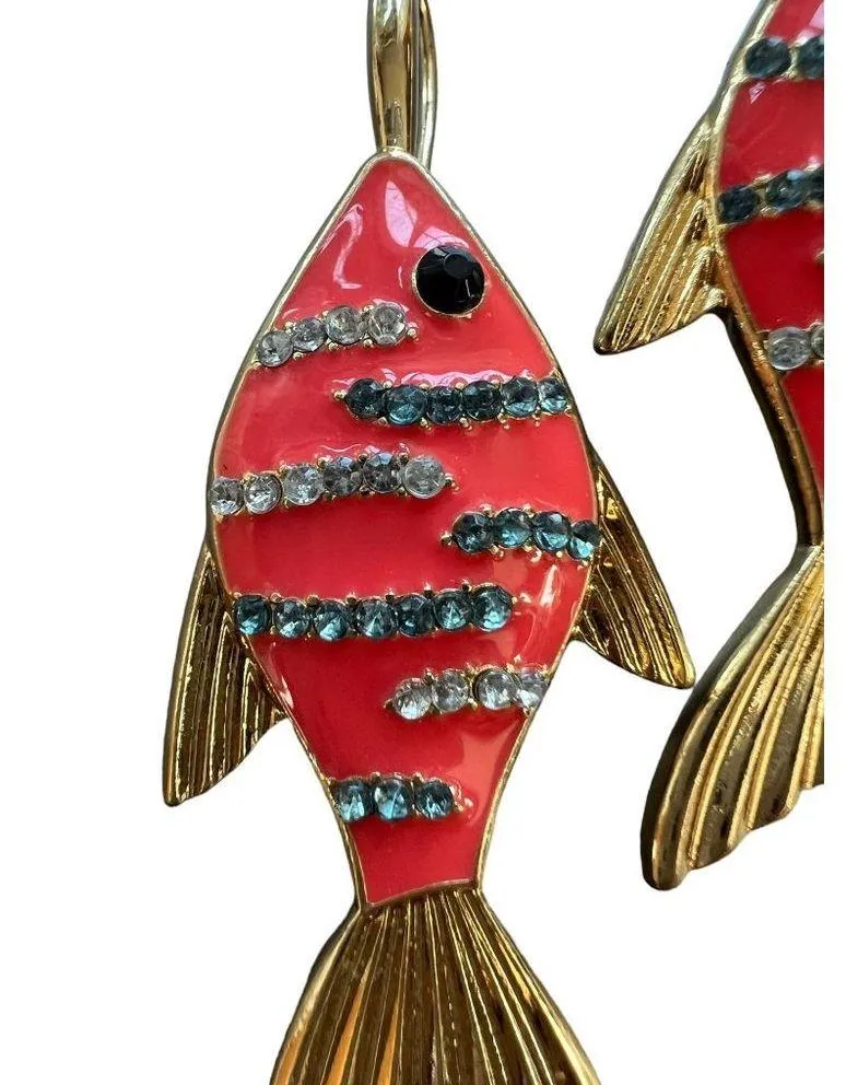 Sugarfix Fish Drop Earrings Gold Tone Coral Enamel Rhinestones 2.5" NWOT - Image 2