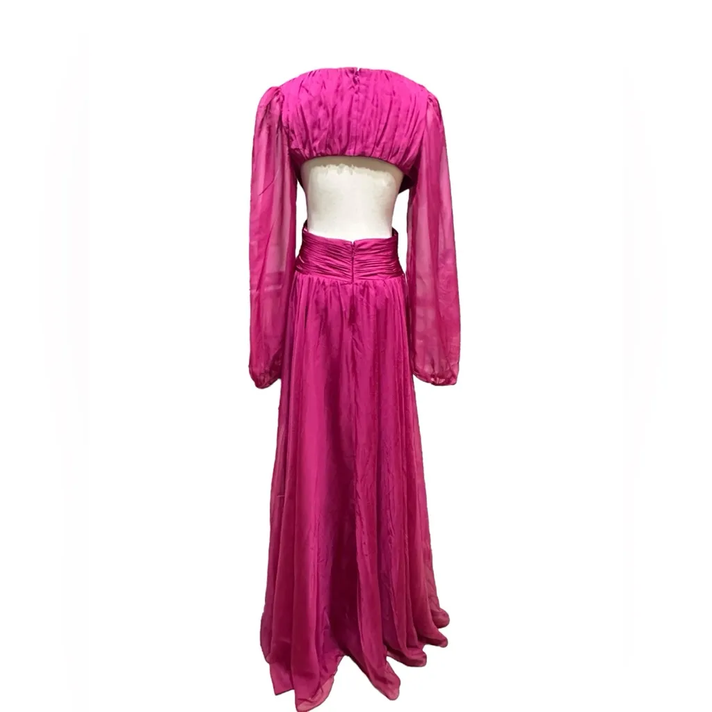 Ieena Mac Duggal Hot Pink A Line Cut Out V Neck Back Long Sleeve Maxi Dress Sz 6 - Image 4