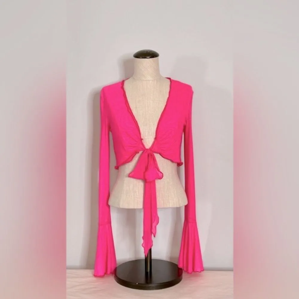 SHEIN ICON Hot Pink Lettuce Trim Knot Front Flare Sleeve Crop Top size XS - Image 2