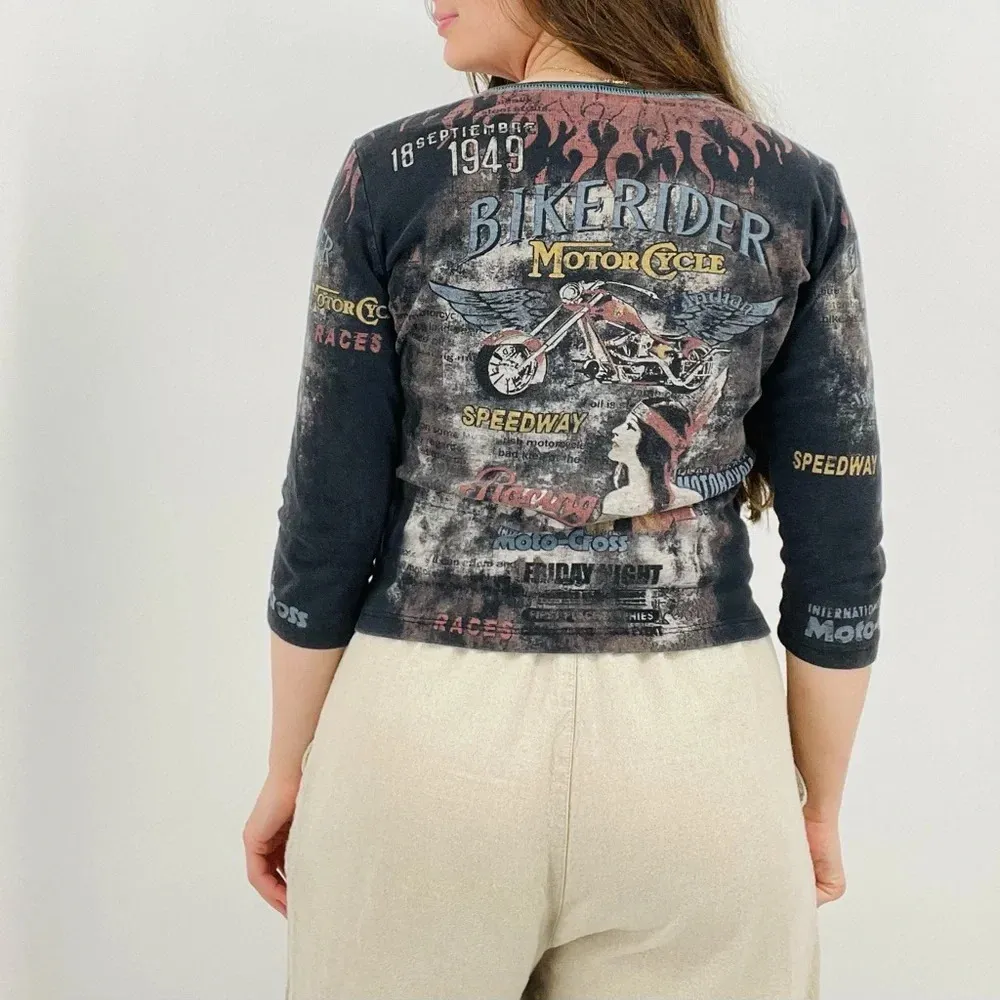 vintage western cowgirl y2k retro biker motorcycle 3/4 sleeve top size S Blue - Image 4