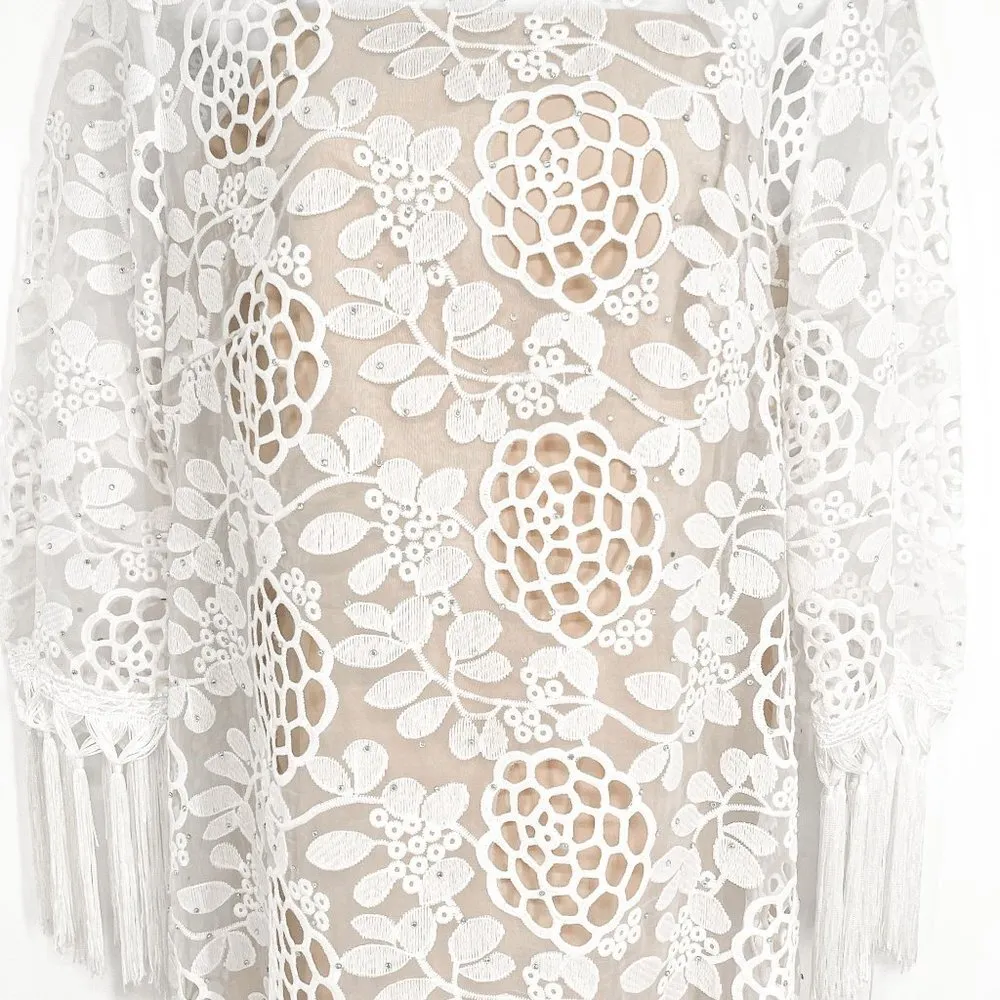 Bronx and Banco Rhinestone Studded Floral Lace Fringe Tassel Asymmetrical Dress - Image 7