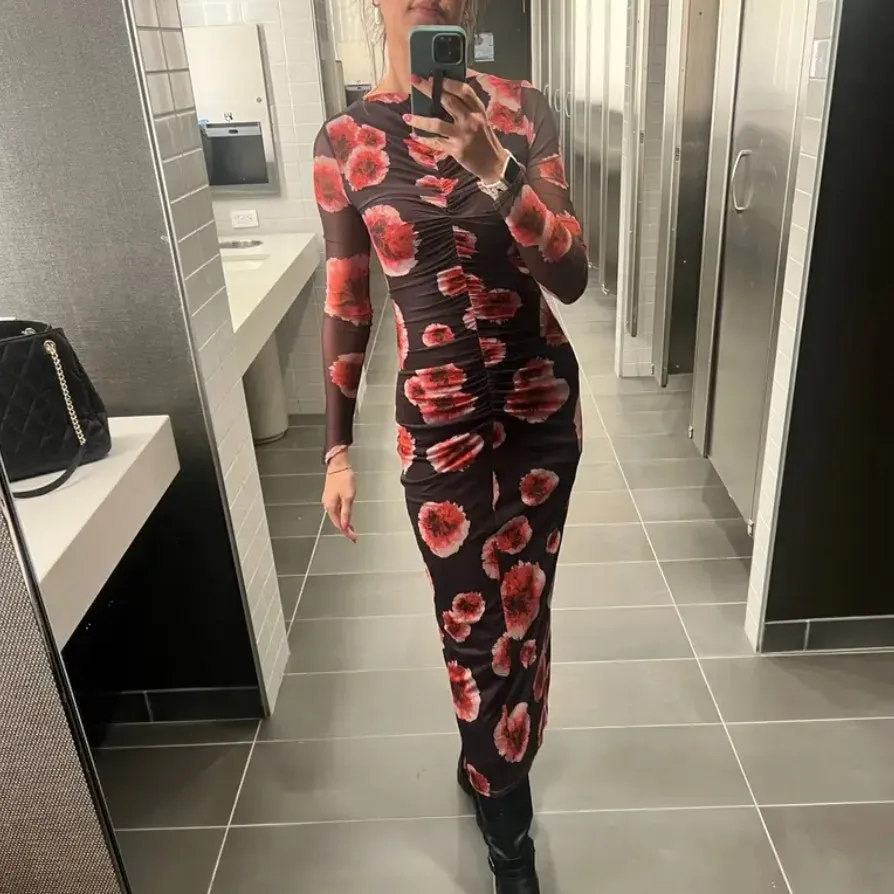 Suboo Black Floral Mesh Midi Dress LARGE Ruched Bodycon Cocktail Party Work $280 - Image 8