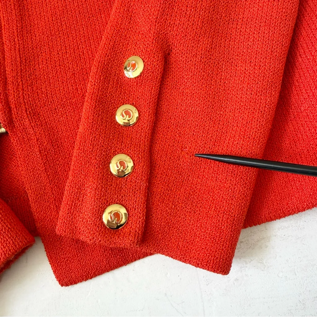 St. John Collection "Orange Poppy" Knitted Full Zip Jacket Gold detail Sz P - Image 7