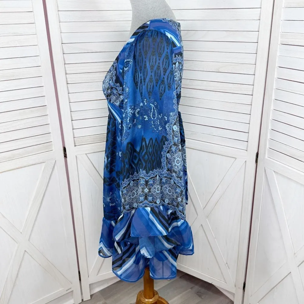 Betsey Johnson Boho Mixed Print Dress‎ Tiered Bell Sleeve Tie Back Blue 4 - Image 2