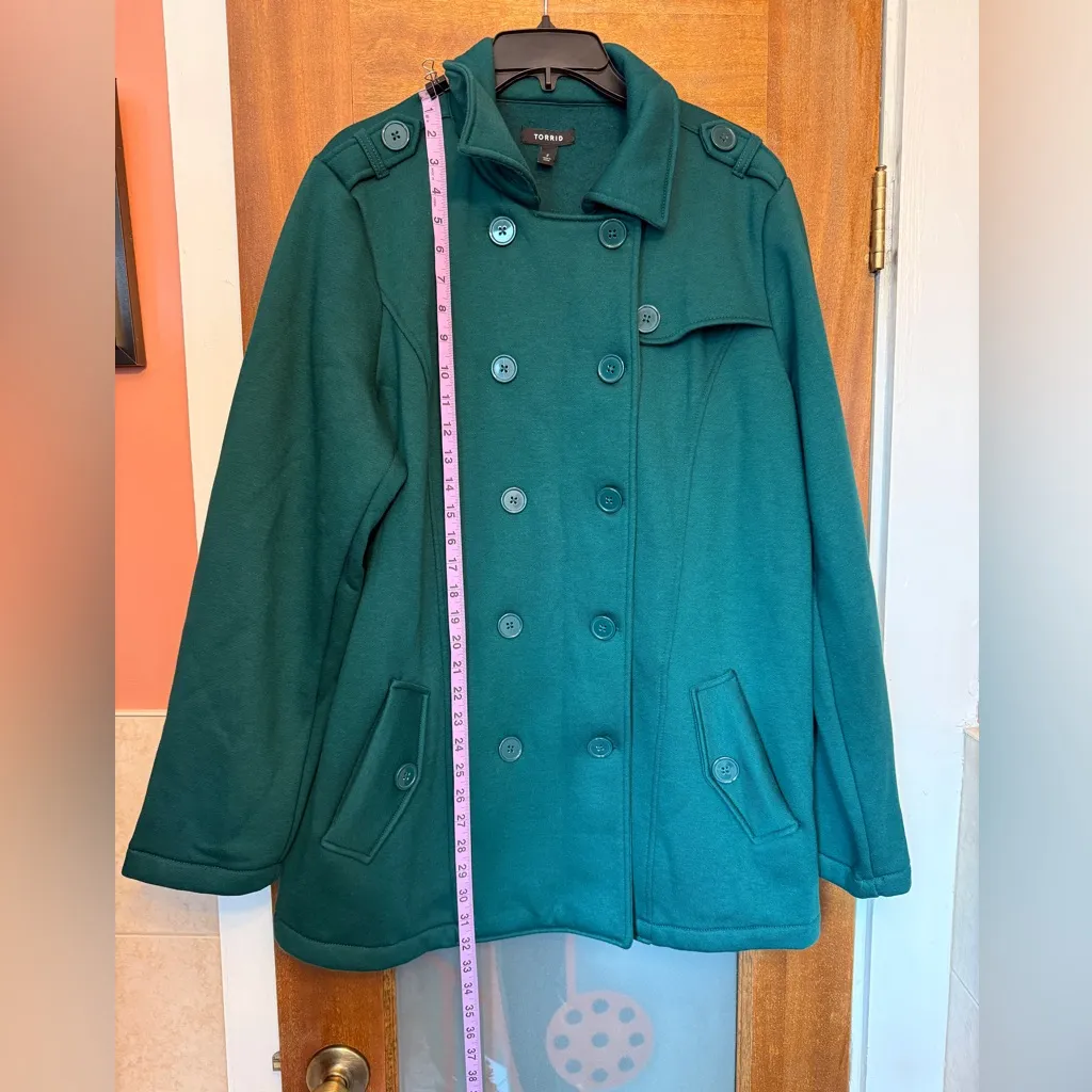 Torrid Women Plus Botanical Green Double Breast Fleece Lined Pea Coat Jacket - Image 8