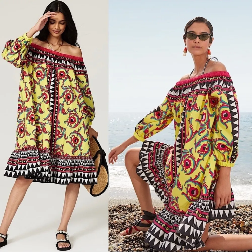 La DoubleJ Paloma short cotton trapeze dress in Cartwheel Giallo geometric print Yellow Size XL - Image 11