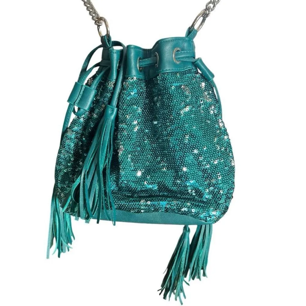Womens Ion Turquoise Sequins Crossbody Chain Strap Cinch Tassel Purse Green - Image 2