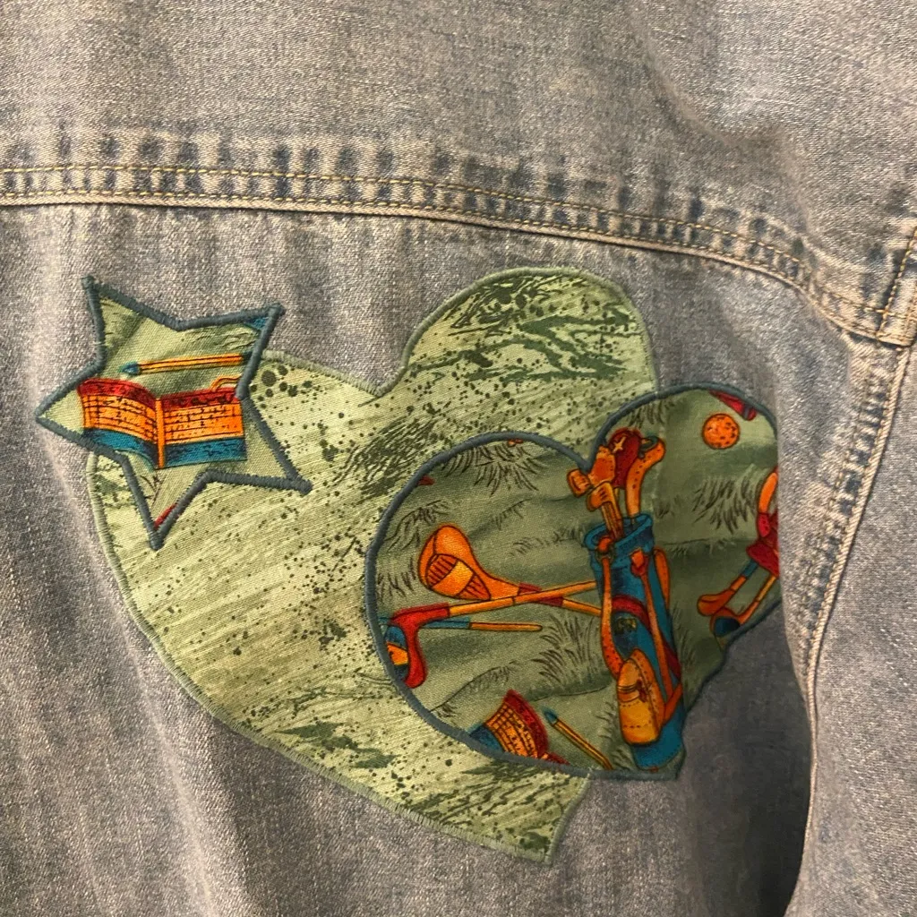 Women’s Vintage Denim Button Down Shirt W Golf Themed Patches Eclectic Buttons - Image 7
