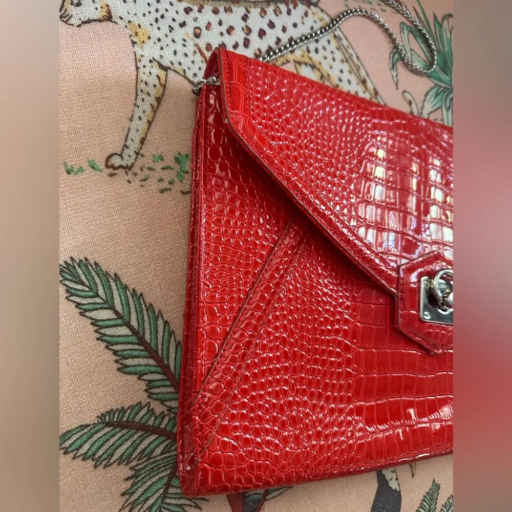 White House Black Market Red Faux Crocodile Envelope Clutch Shoulder Purse Bag - Image 2