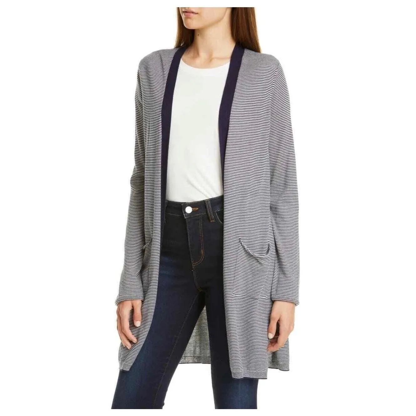 ATM Stripe Open Front Cardigan Sweater Navy Blue Medium NEW Silk Cashmere Wool - Image 11