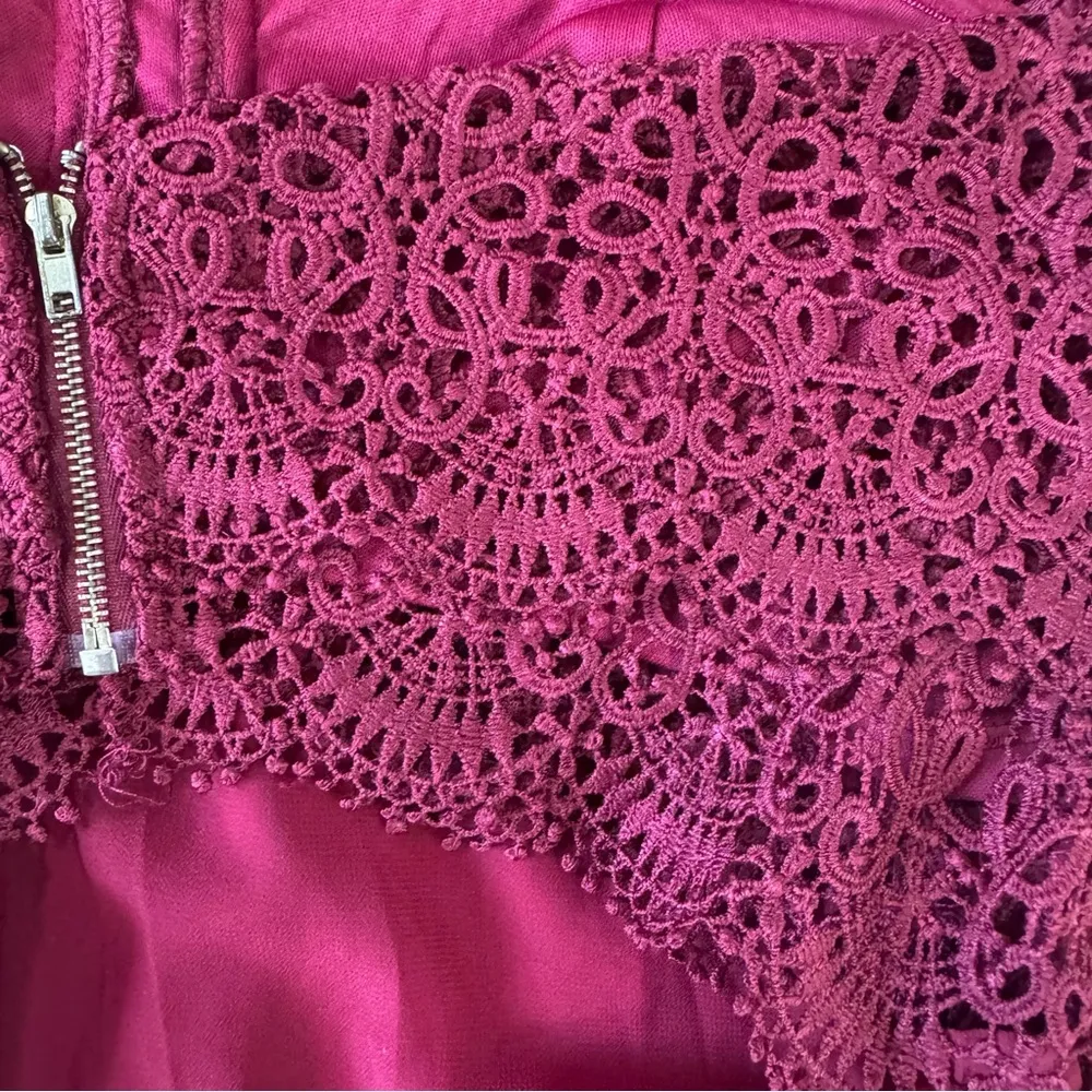 Burgundy Maroon Lace Top Bare Midriff Open Back Jumpsuit Wide Leg Sheer Overlay - Image 7