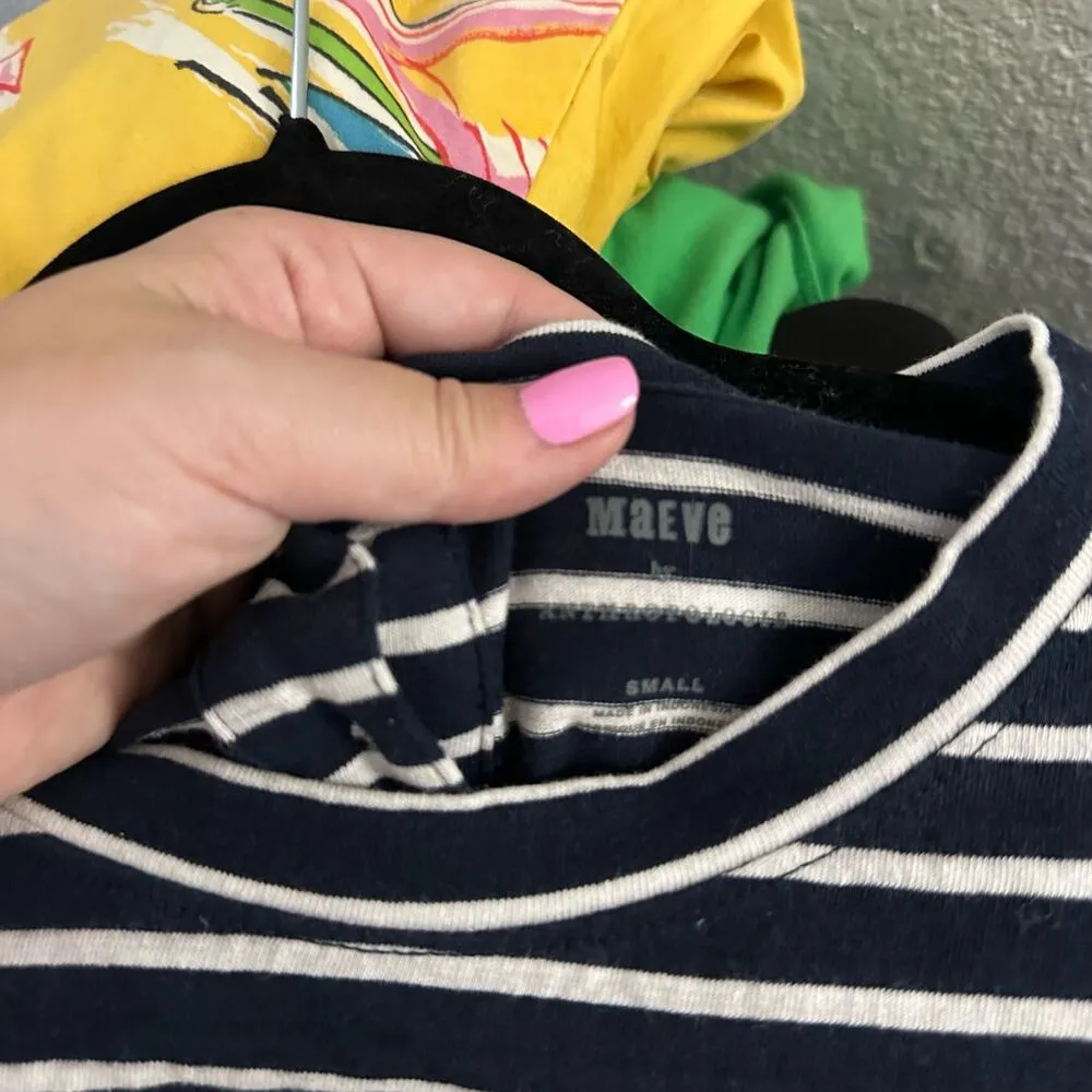 Anthropologie Maeve Stripe Crew Neck Half Sleeve Tee Navy White Size Small - Image 3