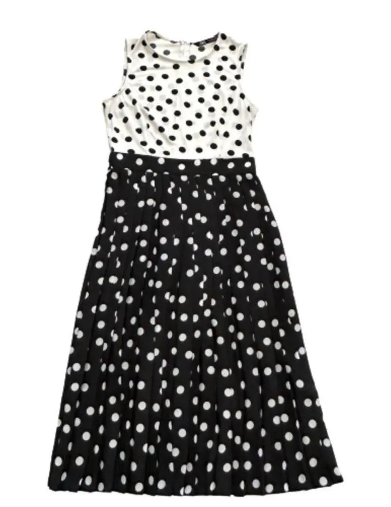 Zara Dress Black White Ivory Contrast Polka Dots Sleeveless Pleated Midi Small - Image 8