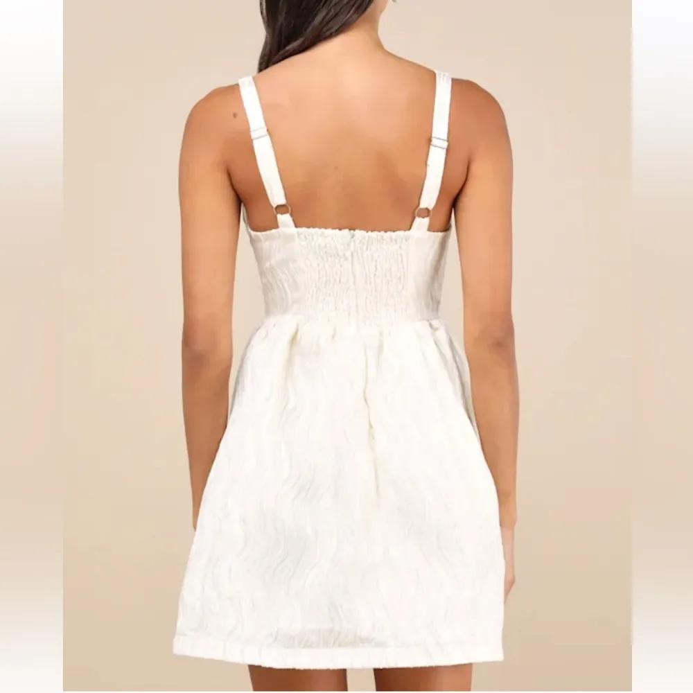 Lulus Charmingly Precious Pleated Textured Bustier Mini Dress Cream Medium - Image 3