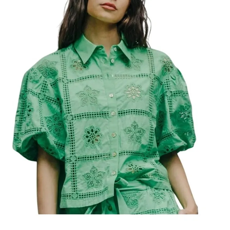 Love The Label Cassia Blouse Womens L Kiwi Green Embroidered Eyelet Boho Chic Size L - Image 4