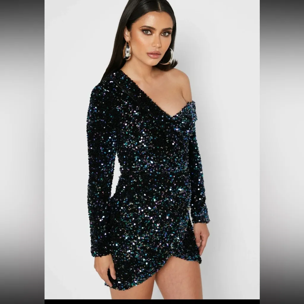 LAVISH ALICE One Shoulder Sequin Cluster Velvet Party Cocktail Dress Size 12 - Image 9