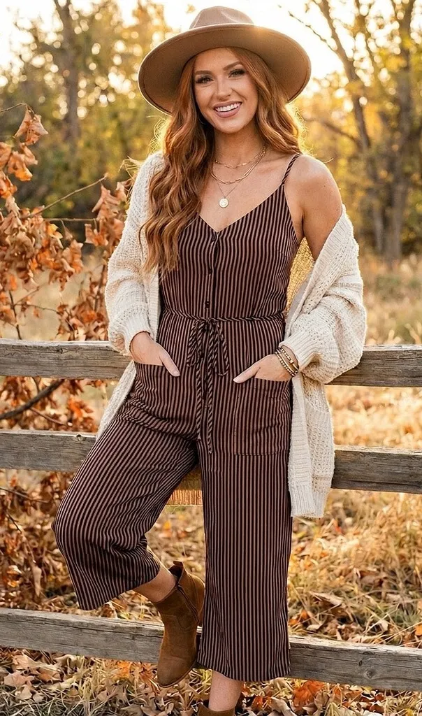 Dress Forum Wide Leg Jumpsuit Womens S Brown Striped Chore Pockets Boho Fall - Image 1