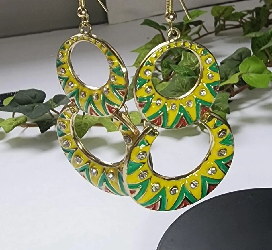 Boho Yellow Green Double Hoop Drop Earrings - Image 2
