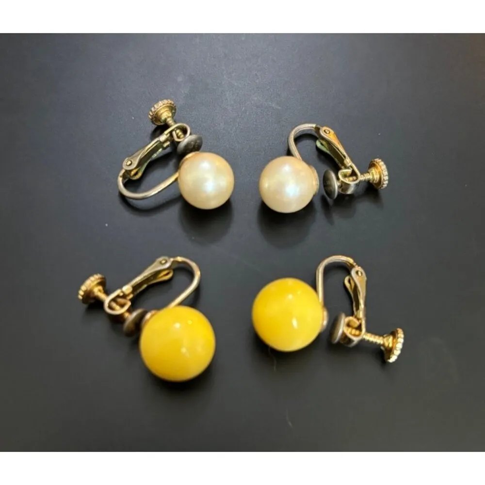2 Vtg Clip‎ On Screw Back Earrings Set Yellow & Faux Pearl Ball Design - Image 3