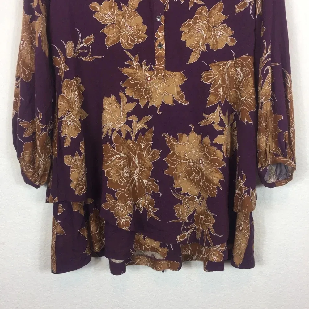 Free People Shake It Burgundy Floral Boho Ruffle Button Long Sleeve Mini Dress - Image 9