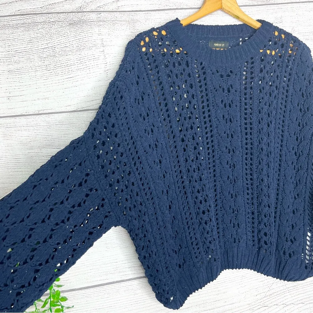 Forever 21 Navy Blue Chunky Open Knit Drop Shoulder Sweater Size Large - Image 4