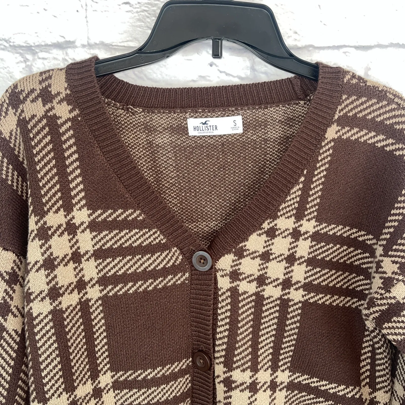Hollister Plaid Brown Tan Preppy Academia Clueless Cropped Cardigan Size Small - Image 3