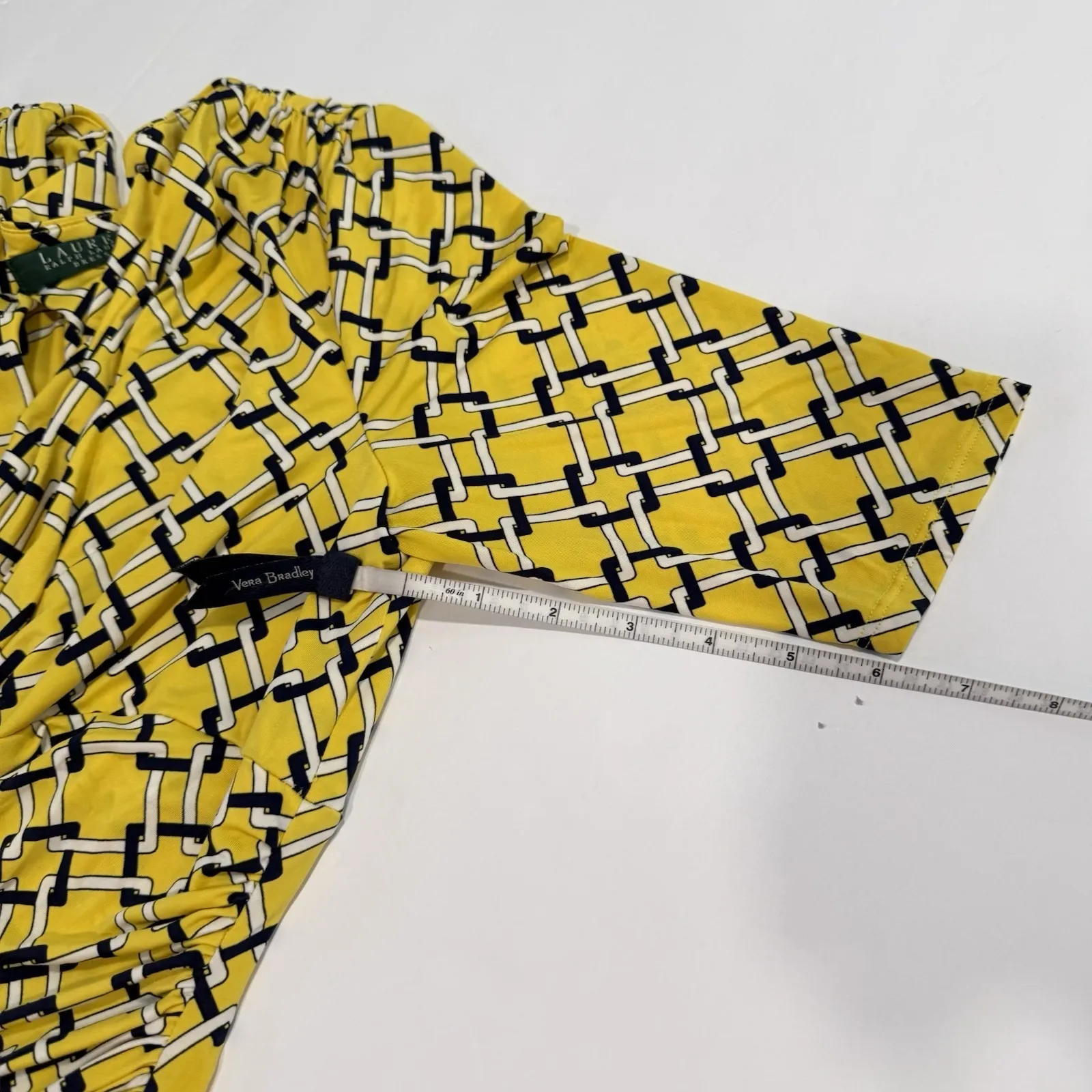 Ralph Lauren Yellow Lattice Faux Wrap Half Sleeve Stretch Sheath Dress Size 8 - Image 9