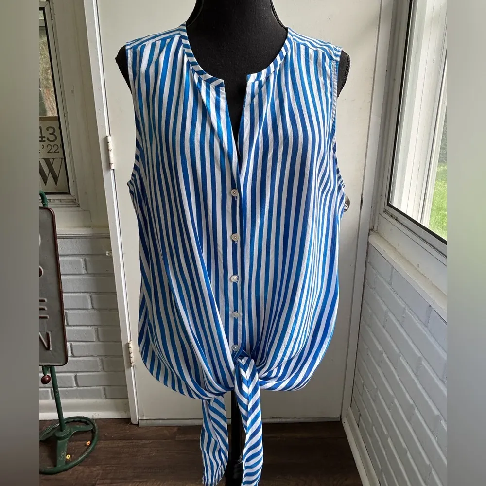 Tommy‎ Bahama Marina Stripe 100% Silk Sleeveless Blouse large coastal preppy - Image 2